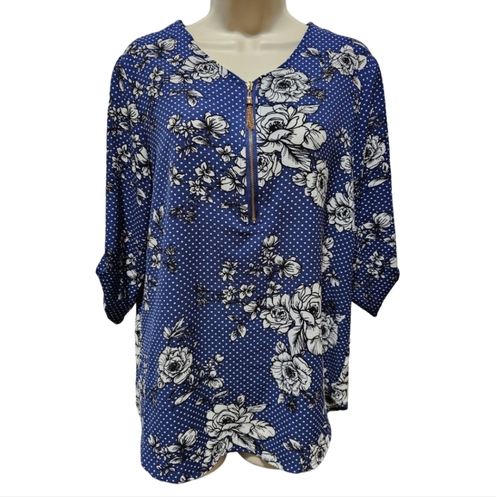 NWOT Women's Onyx Blue Floral Polka-dot Blouse